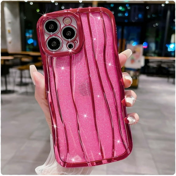 Compatible with iPhone 14 Pro Max Case 6.7 Inch, Luxury 3D Design Electroplated Water Ripple Bling Case, Curly Glitter Wave Frame Case for Women Girls-Rose Red
