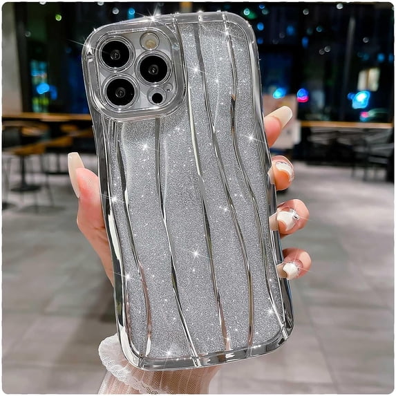Compatible with iPhone 14 Pro Max Case-6.7 Inch, Luxury 3D Design Electroplated Water Ripple Bling Case, Curly Glitter Wave Frame Case for Women Girls-Silver