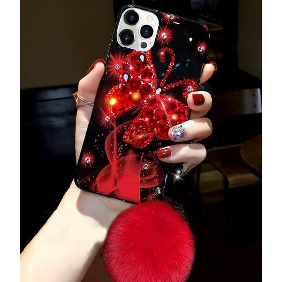 Compatible with iPhone 14 Pro Max Case Bling Glitter 3D Diamond Rhinestone Butterfly Girly Case Cute for Women Girls Sparkle Shiny Luxury Crystal with Plush Fuzzy Furry Ball Phone Case Red