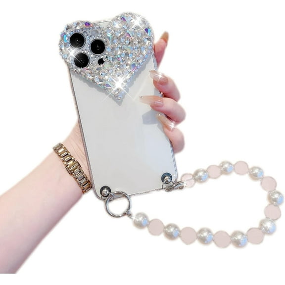 Compatible with iPhone 14 Pro Max Case with Bracelet Chain Design for Women Girls, Rhinestone Diamond Cute Love Heart Pattern Soft Bumper Case Cover for iPhone 14 Pro Max 6.7 Inch