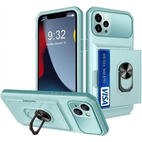 Compatible with iPhone 14 Pro Max Case with Card Holder Hidden Card Slot Slim Wallet Case, Heavy Duty Rugged Shockproof Phone Built in Ring Stand Holde Green