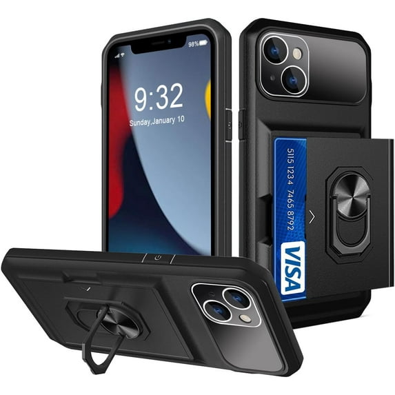 Compatible with iPhone 14 Pro Max Case with Card Holder Hidden Card Slot Slim Wallet Case, Heavy Duty Rugged Shockproof Phone Built in Ring Stand Holde Black