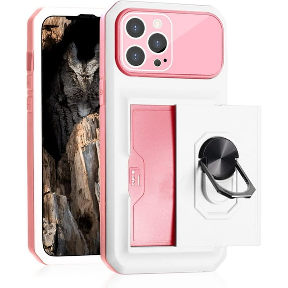 Compatible with iPhone 14 Pro Max Case with Card Holder Hidden Card Slot Slim Wallet Case, Heavy Duty Rugged Shockproof Phone Built in Ring Stand Holde White
