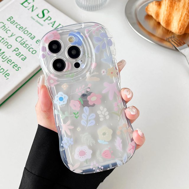 Compatible with iPhone 14 Pro Max Case, Clear Flower Print Curly Wave