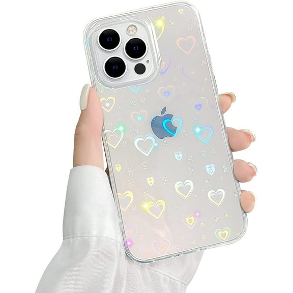 Compatible with iPhone 14 Pro Max Case with Clear Holographic Glitter Heart Pattern for Women Girls Fashion Soft Flexible Durable Slim TPU Cases for iPhone 14 Pro Max-Clear