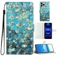 thumbnail image 1 of Compatible with iPhone 14 Pro Max Case, Colored Drawing Wallet Women Girls PU Leather Case with Card Slots/Cash Pocket Wrist Strap Magnetic Flip Stand Book Kickstand Cover, Blue Apricot Flower, 1 of 9