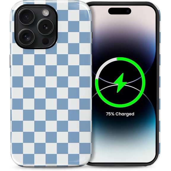 Compatible with iPhone 14 Pro Max Case, Compatible with MagSafe, Shockproof Soft TPU and Hard PC Protective Phone Case for Women Girls, Blue Checkerboard Checkered