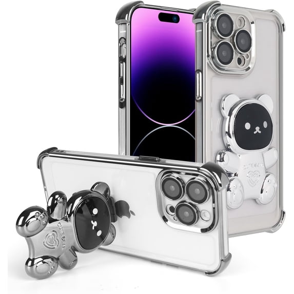 Compatible with iPhone 14 Pro Max Case Cute 3D Bear Hidden Stand Kickstand Clear Phone Case with Camera Lens Protector 6D Plating Design Women Men Girly Shockproof Glitter Phone Cover, Silver