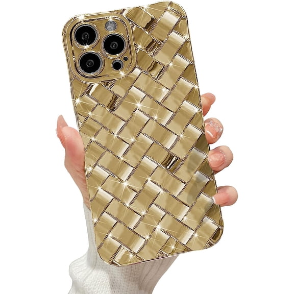Compatible with iPhone 14 Pro Max Case, Cute 3D Woven Pattern Plating Phone Case for Women Girls, Soft Silicone Grid Desgin Protective Cover for iPhone 14 Pro Max - Gold