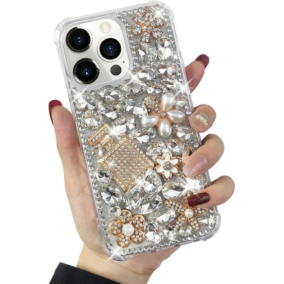 Compatible with iPhone 14 Pro Max Case Cute Bling Glitter for Women Girls 3D Rhinestone Dimaond Girly Handmade Perfume Bottle Flower Gem Fashion Luxury Shiny Sparkle Crystal Phone Case
