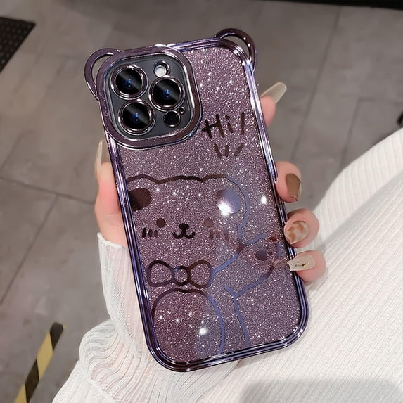 Compatible with iPhone 14 Pro Max Case Cute Cartoon Bear Phone Case 3D Kawaii Design Fashion Glitter Soft Slim TPU Cover Camera Lens Protective for iPhone 14 Pro Max Women and Girls, Purple
