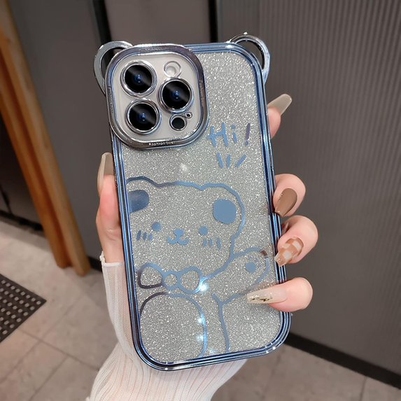 Compatible with iPhone 14 Pro Max Case Cute Cartoon Bear Phone Case 3D Kawaii Design Fashion Glitter Soft Slim TPU Cover Camera Lens Protective for iPhone 14 Pro Max Women and Girls, Blue