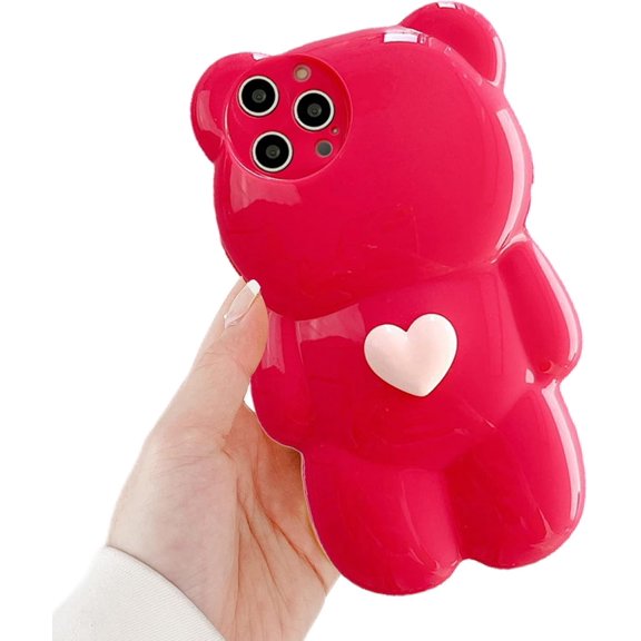 Compatible with iPhone 14 Pro Max Case Cute Cartoon Bear for Women Girls Girly Kawaii Case 3D Heart Design Camera Lens Protective Soft Slim TPU Shockproof Cover for iPhone 14 Pro Max