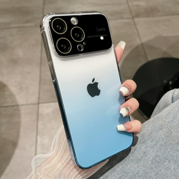 Compatible with iPhone 14 Pro Max Case Cute Clear Visible Logo Luxury Case for Women Girls, Gradient Slim TPU Shockproof with Lens Protector Cover for iPhone 14 Pro Max 6.7 inch, Blue
