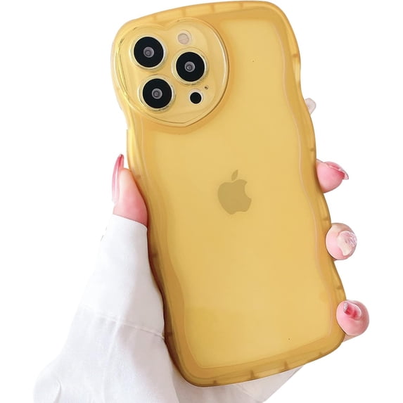 Compatible with iPhone 14 Pro Max Case, Cute Clear Wave Shape with Love Heart Camera Lens Protection Case for Women, Full Protection Soft TPU Shockproof Phone Case-Yellow