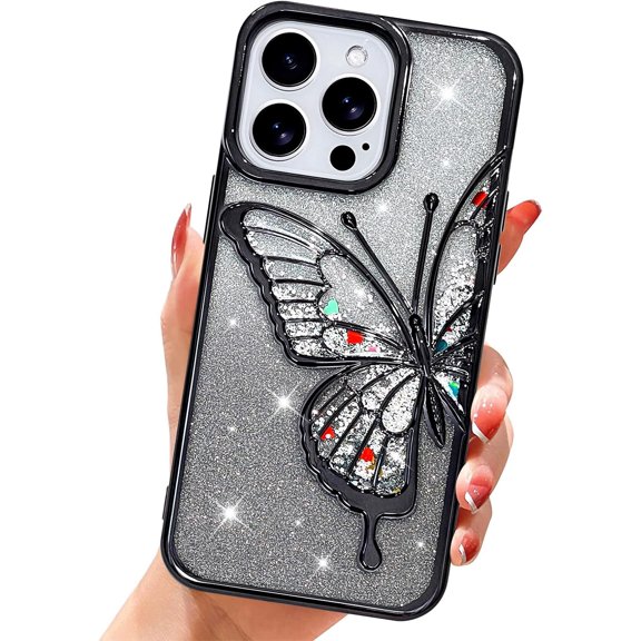 Compatible with iPhone 14 Pro Max Case, Cute Girly Bling Glitter Butterfly Pattern Case Women Girls, Slim Shockproof Soft TPU Anti Scratch Protective Cover for iPhone 14 Pro Max 6.7"-Black