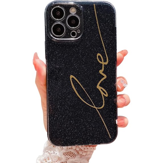 Compatible with iPhone 14 Pro Max Case Cute, Glitter Bling Plating Letter Love Pattern Phone Case for iPhone 14 Pro Max 6.7'' Camera Protective Back Cover for Women Girl-Black
