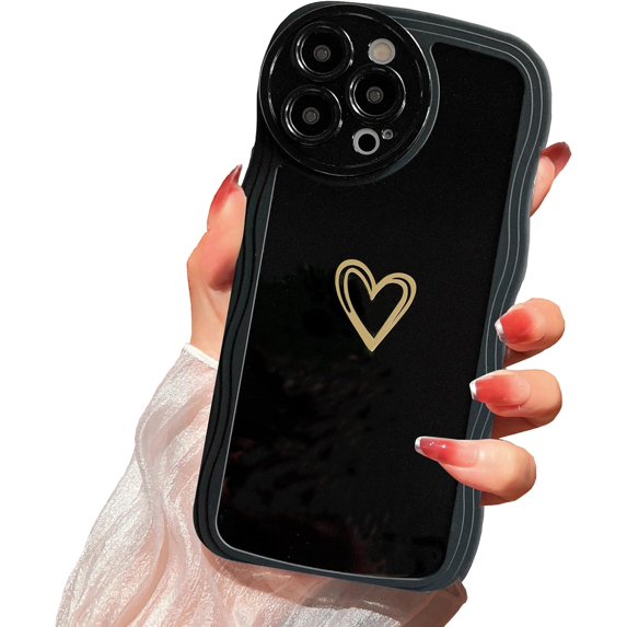 Compatible with iPhone 14 Pro Max Case, Cute Heart Curve Wavy Case for Women Girls, Camera Lens Protector Shockproof Soft Cover for iPhone 14 Pro Max 6.7 inch 2022(Black)
