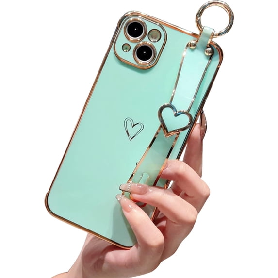 Compatible with iPhone 14 Pro Max Case, Cute Luxury Plating Edge Bumper with Love-Heart Wristband Stand Soft TPU Shockproof Case for iPhone 14 Pro Max for Girl Women, Green