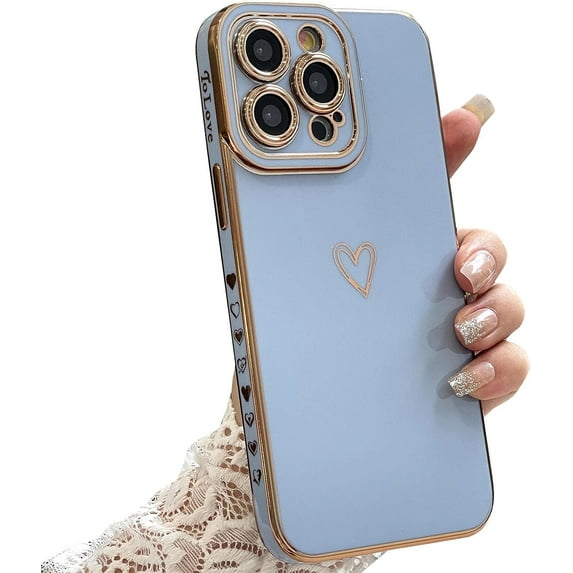 Compatible with iPhone 14 Pro Max Case Cute, Luxury Plating Heart Phone Case, Electroplated Edge Bumper Case for Women Girls Soft TPU Shockproof Camera Protective Back Cover - Light Blue