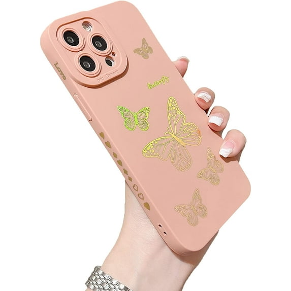 Compatible with iPhone 14 Pro Max Case Cute Plated Love Heart for Women Girls Gold Bling Butterfly Full Camera Lens Cover Protection Soft TPU Shockproof Bumper Phone Case for 14 Pro Max, Pink