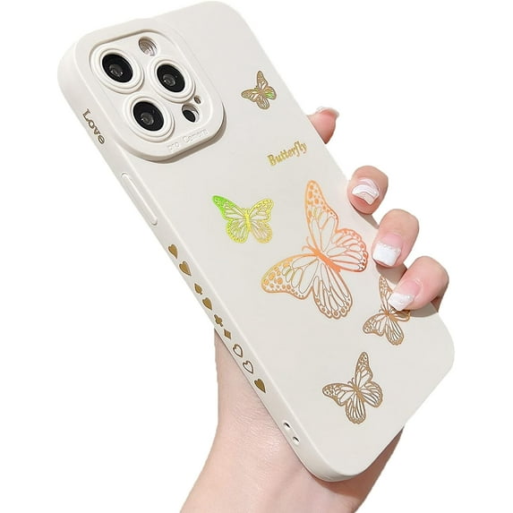 Compatible with iPhone 14 Pro Max Case Cute Plated Love Heart for Women Girls Gold Bling Butterfly Full Camera Lens Cover Protection Soft TPU Shockproof Bumper Phone Case for 14 Pro Max, White
