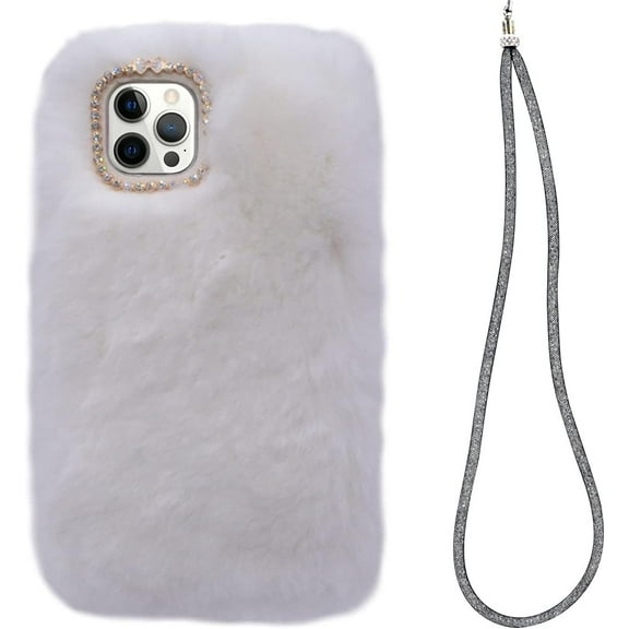 Compatible with iPhone 14 Pro Max Case Cute Plush Furry Case with Glitter Lanyard Strap Bling Diamond Camera Lens Protector Soft Winter Warm Plush Fluffy Fur Cover for Women and Girls, White