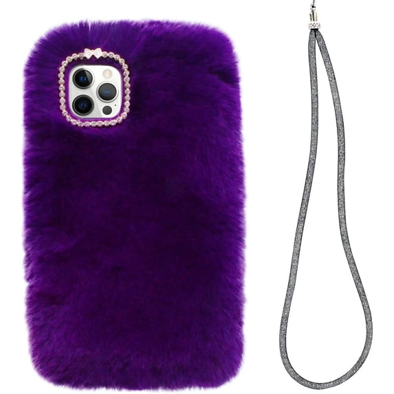 Compatible with iPhone 14 Pro Max Case Cute Plush Furry Case with Glitter Lanyard Strap Bling Diamond Camera Lens Protector Soft Winter Warm Plush Fluffy Fur Cover for Women Girls, Deep Purple