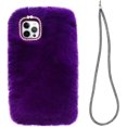 thumbnail image 1 of Compatible with iPhone 14 Pro Max Case Cute Plush Furry Case with Glitter Lanyard Strap Bling Diamond Camera Lens Protector Soft Winter Warm Plush Fluffy Fur Cover for Women Girls, Deep Purple, 1 of 10