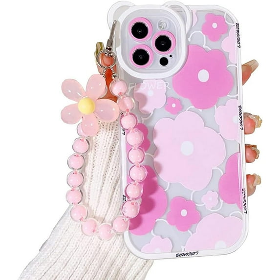 Compatible with iPhone 14 Pro Max Case, Cute Sun Flowers Pattern Soft TPU Shockproof Camera Protector Clear Case with Lovely Flower Strap Bracelet Chain Girls Women Case for iPhone 14 Pro Max 6.7"