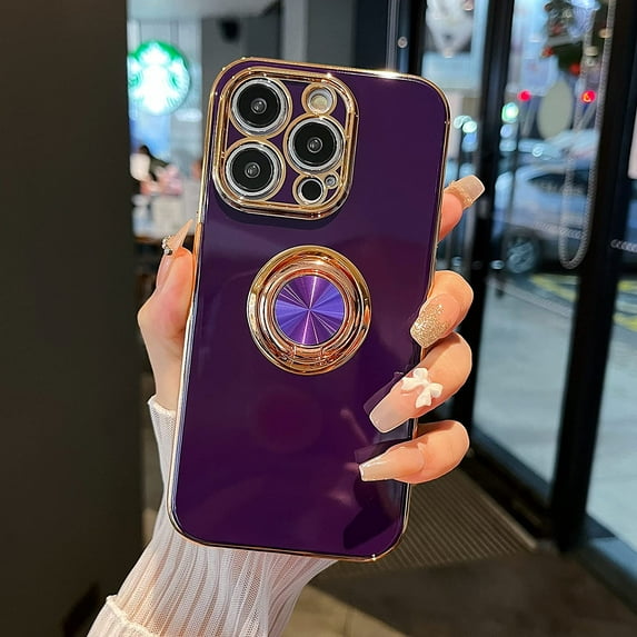 Compatible for iPhone 14 Pro Max Case,Electroplated Anti-Scratch Cases with 360°Ring Holder Kickstand,Soft Flexible TPU Bumper Shockproof Case for iPhone 14 Pro Max 6.7 inch,Dark Violet
