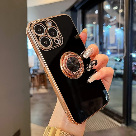 Compatible for iPhone 14 Pro Max Case,Electroplated Anti-Scratch Cases with 360°Ring Holder Kickstand,Soft Flexible TPU Bumper Shockproof Case for iPhone 14 Pro Max 6.7 inch,Black