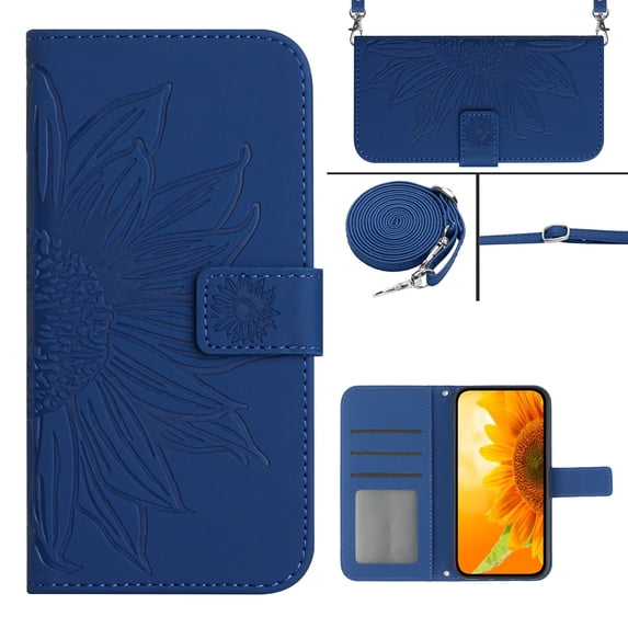 Compatible with iPhone 14 Pro Max Case, Flower Embossed Wallet PU Leather Case with Card Holder Slots Protective Heavy Duty Folio Cover Crossbody Strap Case Cover for iPhone 14 Pro Max, Darkblue
