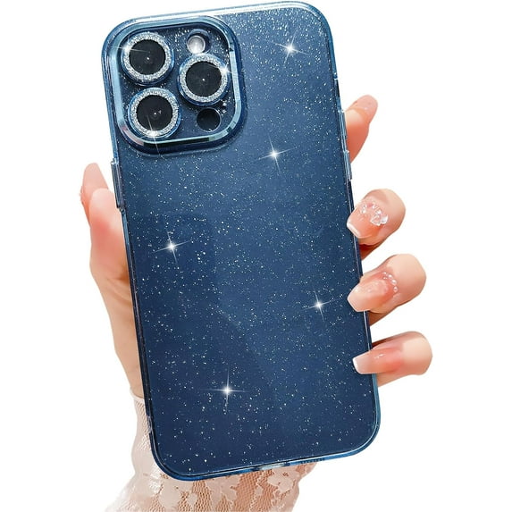 Compatible with iPhone 14 Pro Max Case,Full Camera Lens Protector Sparkle Shockproof Hard Back Case with Luxury Shiny Cute Glitter Acrylic Plate Cover for iPhone 14 Pro Max Women Girls(Blue)