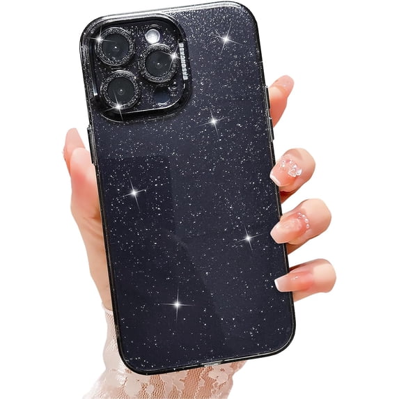 Compatible with iPhone 14 Pro Max Case,Full Camera Lens Protector Sparkle Shockproof Hard Back Case with Luxury Shiny Cute Glitter Acrylic Plate Cover for iPhone 14 Pro Max Women Girls(Black)