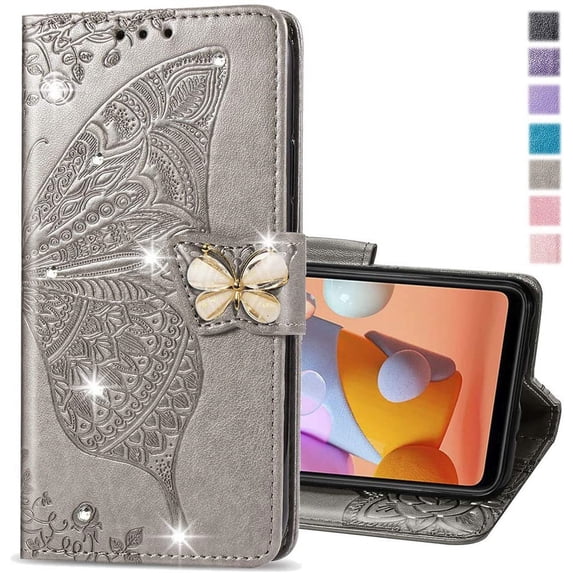 Compatible with iPhone 14 Pro Max Case Glitter Bling with Card Holder and Stand Leather Flip Wallet Diamond Butterfly Protective Case for iPhone 14 Pro Max 6.7 inch Crystal Grey