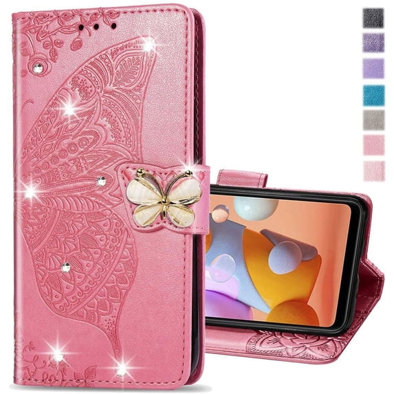 Compatible with iPhone 14 Pro Max Case Glitter Bling with Card Holder and Stand Leather Flip Wallet Diamond Butterfly Protective Case for iPhone 14 Pro Max 6.7 inch Crystal Pink