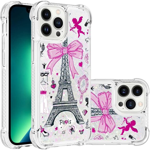 Compatible with iPhone 14 Pro Max Case Glitter for Girls Women Cute Liquid Floating Quicksand Shockproof Bumper Silicone Clear Case for iPhone 14 Pro Max 6.7 inch Bow Tower YB