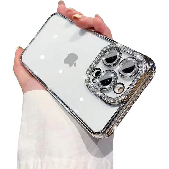 Compatible with iPhone 14 Pro Max Case Glitter Plating Luxury Bling Rhinestones Diamond Cover for Women Girls Clear Soft TPU Camera Protector Shockproof Case for 14 Pro Max 2022 (Silver)