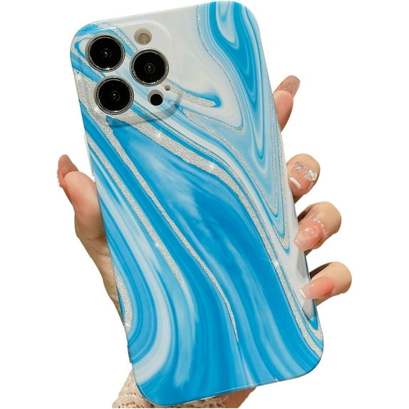Compatible with iPhone 14 Pro Max Case, Glitter Silver Marble Stylish Hard Back Cover, Luxury Shockproof Lens Camera Protection Sparkly Phone Case for iPhone 14 Pro Max for Women- Light Blue