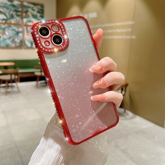 Compatible with iPhone 14 Pro Max Case,Gradient Color Glitter Bling Diamond Sparkle Shiny Bumper and Camera Lens Design Clear Rubber Soft TPU Plating Edge Phone Cases for Women Girls, Red