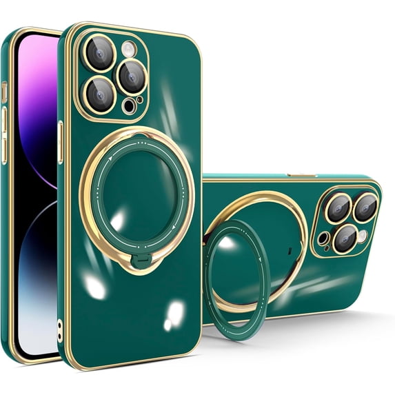 Compatible with iPhone 14 Pro Max Case with Invisible Ring Holder Kickstand, Military Grade Slim Phone Cover Plating Magnetic Case Shockproof Protective Case Cover for Women Men Green