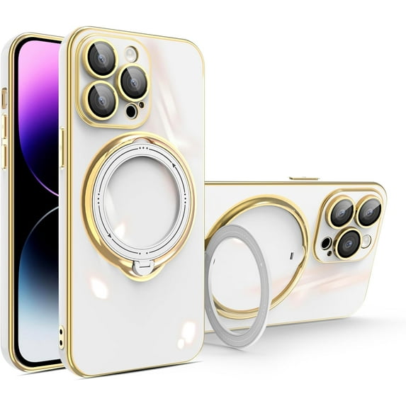 Compatible with iPhone 14 Pro Max Case with Invisible Ring Holder Kickstand, Military Grade Slim Phone Cover Plating Magnetic Case Shockproof Protective Case Cover for Women Men White