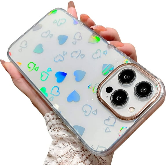 Compatible for iPhone 14 Pro Max Case Laser Heart Pattern, Cute Glitter Bling Rainbow Holographic Heart Clear Case for Women Girls Shockproof Camera Protective Back Cover Case - Heart