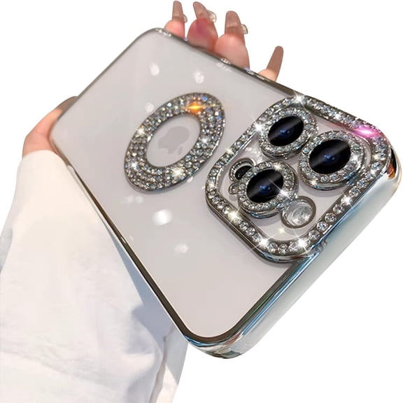 Compatible for iPhone 14 Pro Max Case with Luxury Clear Plating Logo View Glitter Cute Diamond Sparkly Design Aesthetic Women Teen Girls Phone Cases Bling Camera Protective Cover-Silver