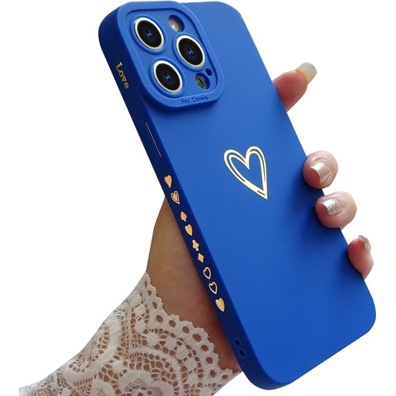 Compatible for iPhone 14 Pro Max Case Luxury Gold Heart Pattern, Side Cute Plated Heart Pattern Case for Women Girls Soft TPU Shockproof Camera Protective Back Cover Case - Blue