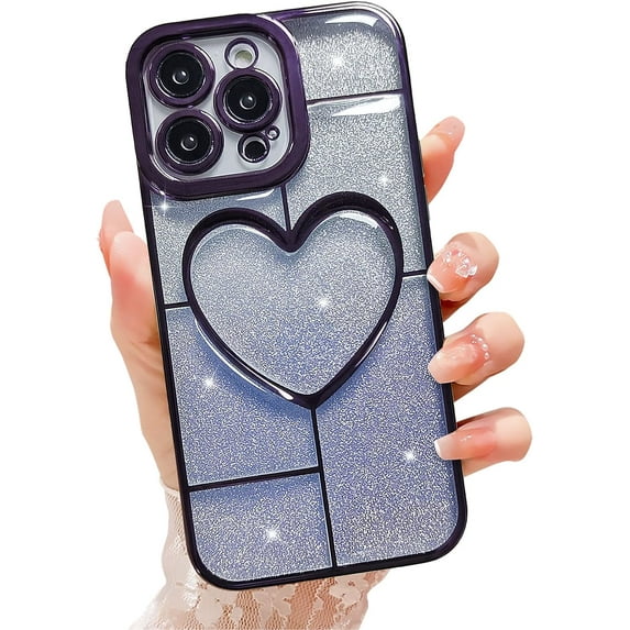 Compatible with iPhone 14 Pro Max Case Luxury Shiny Plating Cute 3D Love Heart Pattern Glitter Cover Shockproof Camera Protection Bling Case for iPhone 14 Pro Max Women Girls-Purple