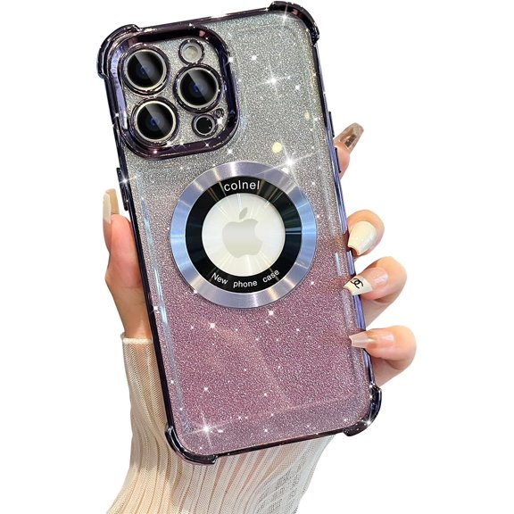 Compatible with iPhone 14 Pro Max Case MagSafe Glitter Cute Bling Plating Luxury Cutout Visible Logo Camera Protection Phone Cases Compatible with for Women Girls 6.7" - Purple