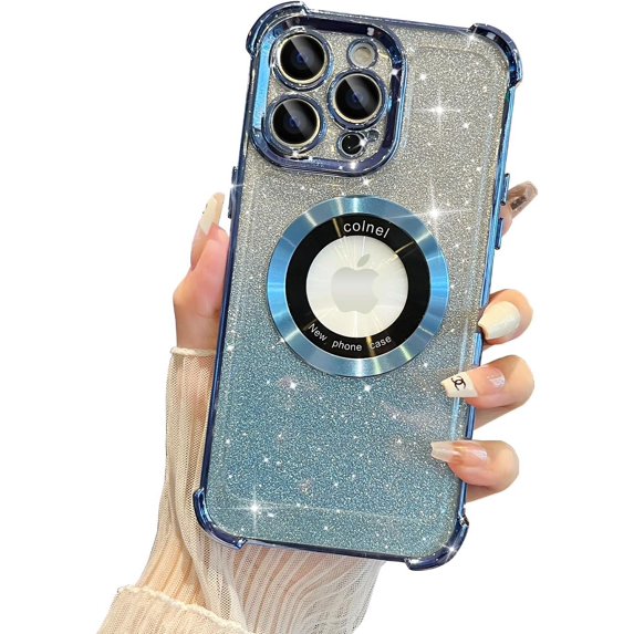 Compatible with iPhone 14 Pro Max Case MagSafe Glitter Cute Bling Plating Luxury Cutout Visible Logo Camera Protection Phone Cases Compatible with Magnetic for Women Girls 6.7" - Blue