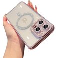 thumbnail image 1 of Compatible for iPhone 14 Pro Max Case Magnetic Luxury Plating Cute Bling Rhinestones Diamond Bumper Sparkly Shockproof Cover for Women Girl [Compatibility with MagSafe] - Pink, 1 of 13